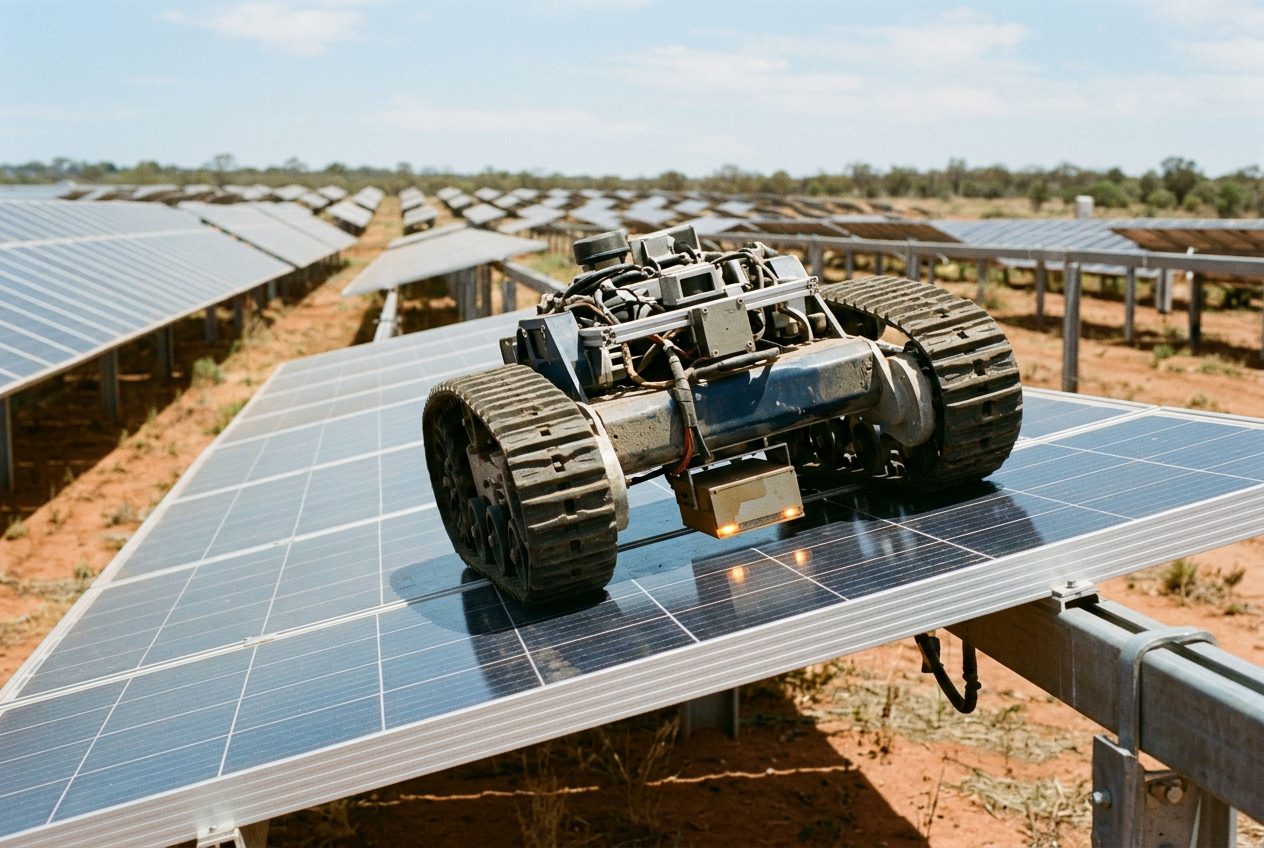 Crawler robot on a solar module carrying a terahertz scanner
