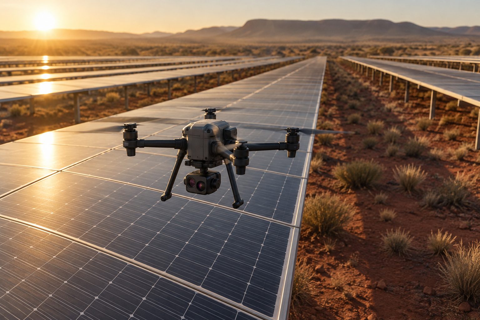 Inspection drone flying over rows of solar modules